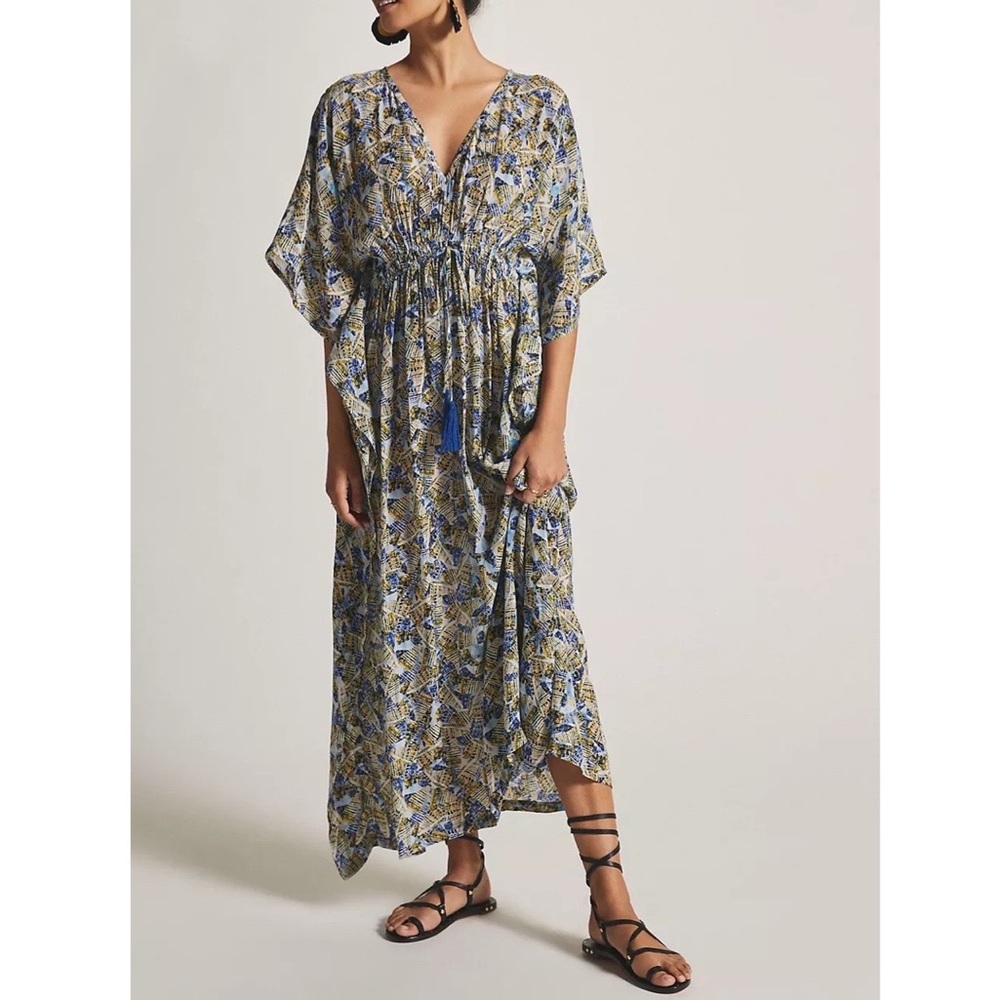 RUJUTA SHETH x Anthro | V-Neck Abstract Printed Kaftan Dress | O/S